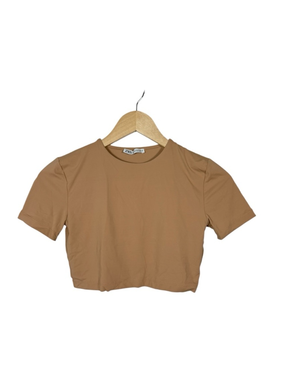 Zara Cropped Fitted Short Sleeve Tee Tan Stretch Top Size M